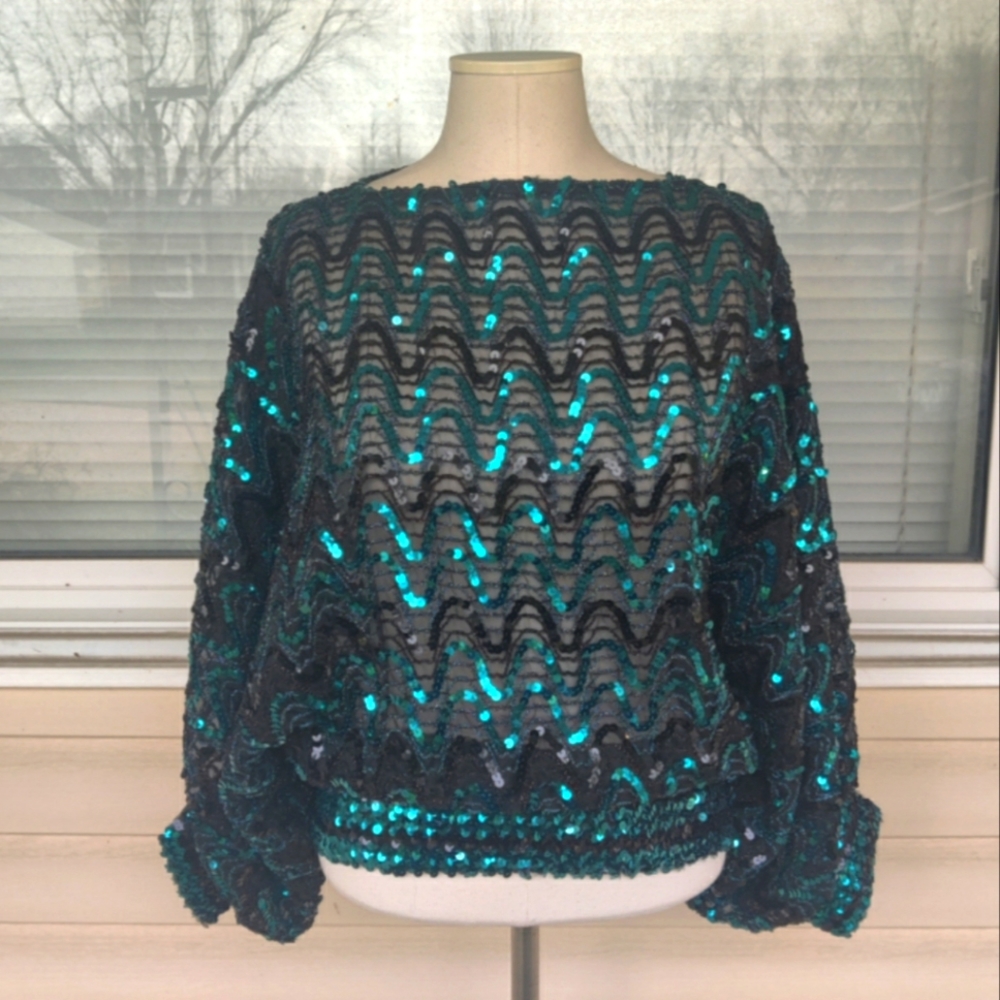 XS/S/M/L 70s/80s Green Sequin Dolman Batwing Sleeve Poncho Party Top